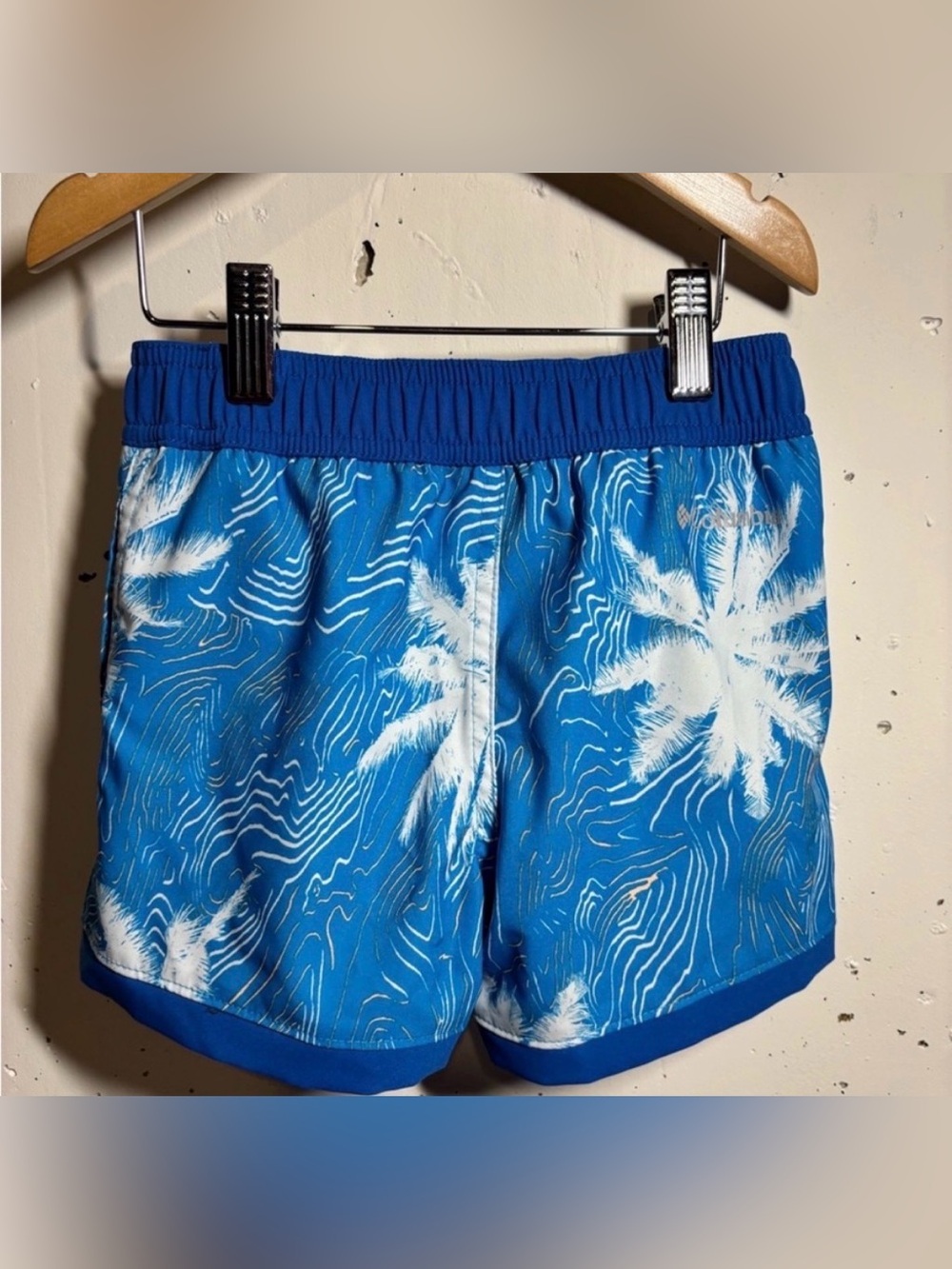 Columbia Blue White Palm-Print Kids Swim Trunks